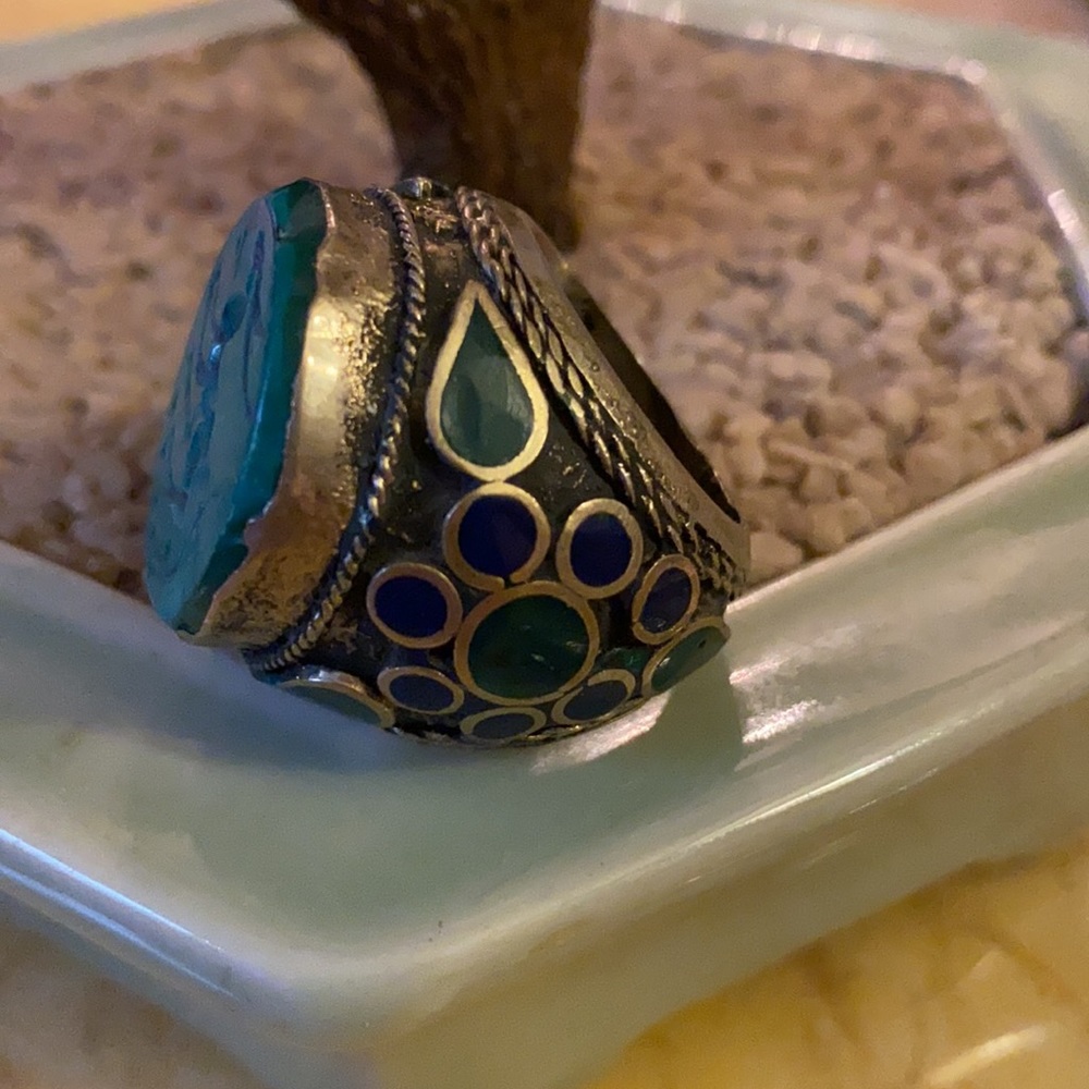 Antique seal ring engraved deer green turquoise - Picture 4 of 7